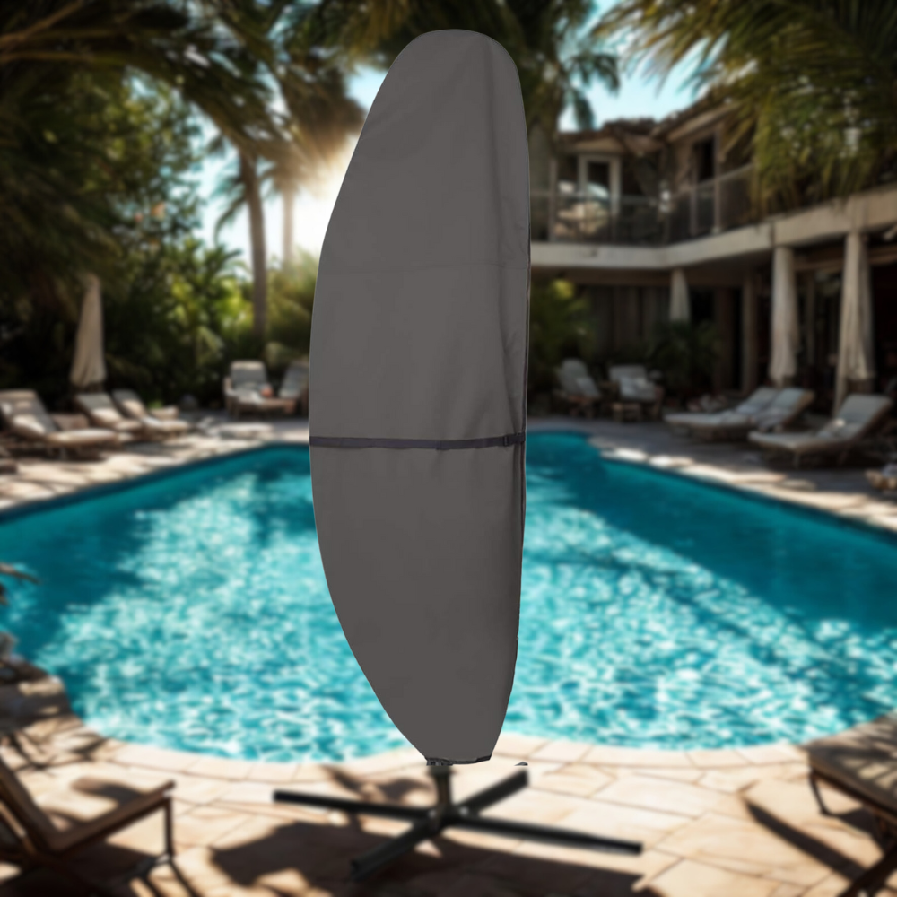 Black umbrella cover on a stand by a pool with a blurred background