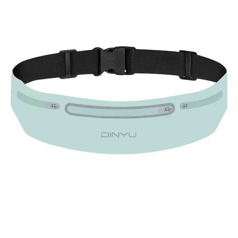 A collection of sports waist packs in various colors (black, blue, pink, and white), featuring adjustable straps and zipper closures. The packs are designed with side pockets and a main pocket with a headphone jack.
