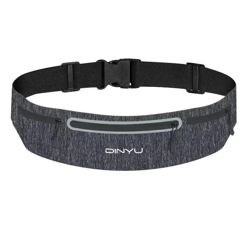 A collection of sports waist packs in various colors (black, blue, pink, and white), featuring adjustable straps and zipper closures. The packs are designed with side pockets and a main pocket with a headphone jack.