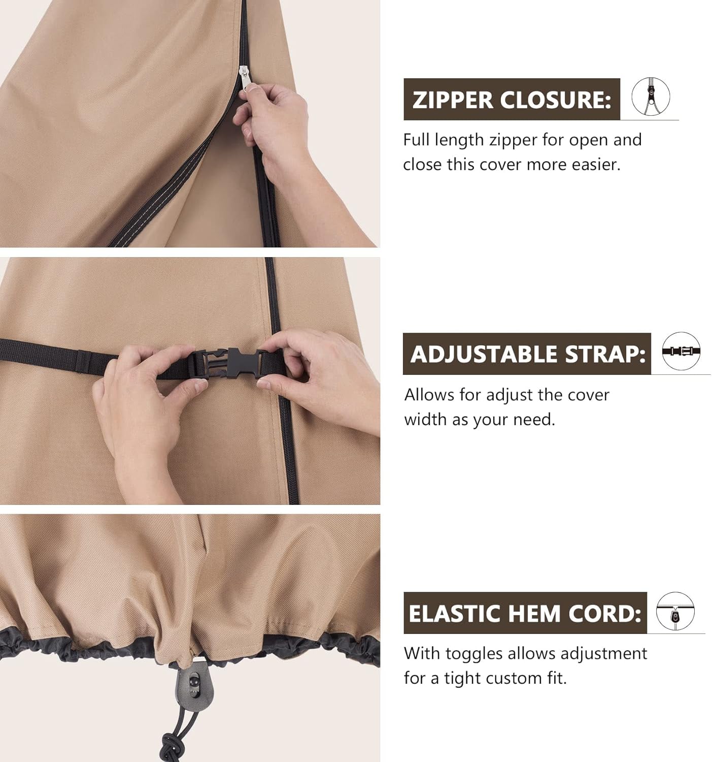 Zipper Closure, Adjustable straps and elastic hem cord.