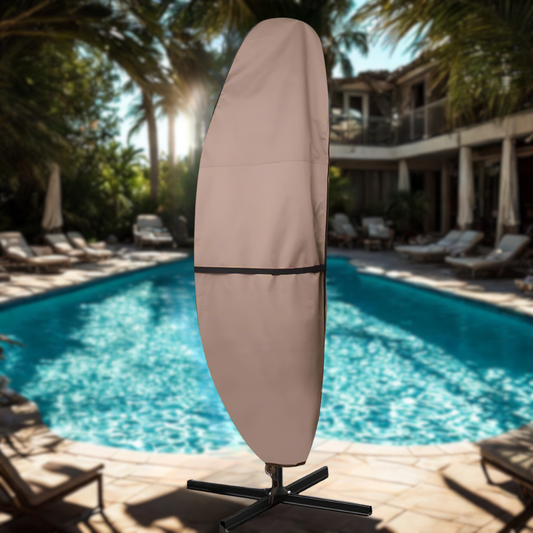Beige patio umbrella cover on a stand by a poolside with palm trees and lounge chairs.