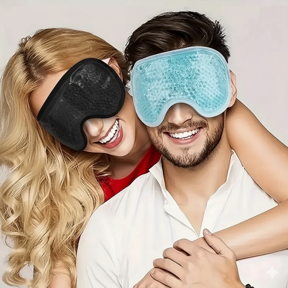 A man and a woman smiling while wearing a black and a blue cooling eye mask, respectively.