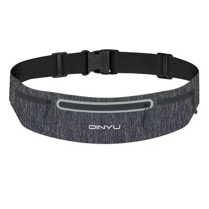 A collection of sports waist packs in various colors (black, blue, pink, and white), featuring adjustable straps and zipper closures. The packs are designed with side pockets and a main pocket with a headphone jack.
